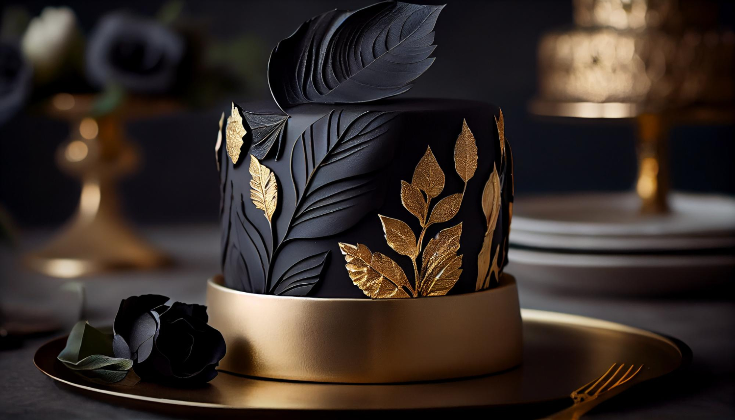 a-black-cake-with-gold-leaves-and-a-black-topper.jpg